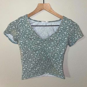 Floral V-Neck Ruched Tight-fitting T-shirt Crop Top